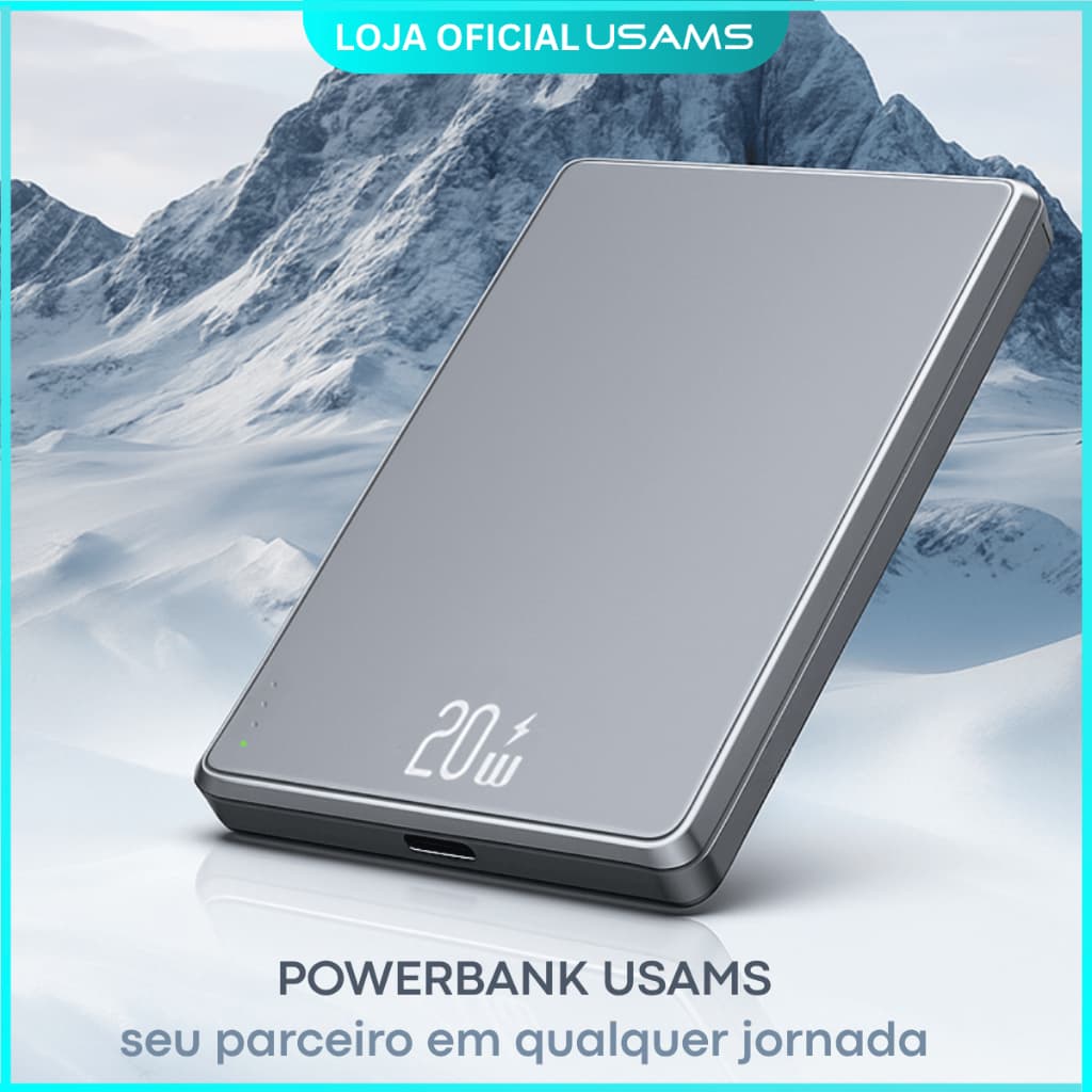 Carregador Portátil 5000mAh USAMS – Power Bank 20W MagSafe Sem Fio p/ Estudo, Viagem e Rotina
