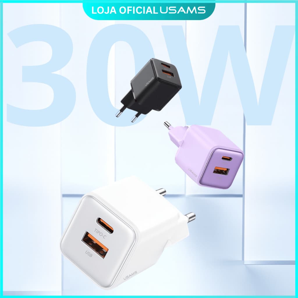 Carregador Turbo 30W USAMS – Saída USB + Tipo-C, Carregamento Rápido p/ Smartphone e Tablet