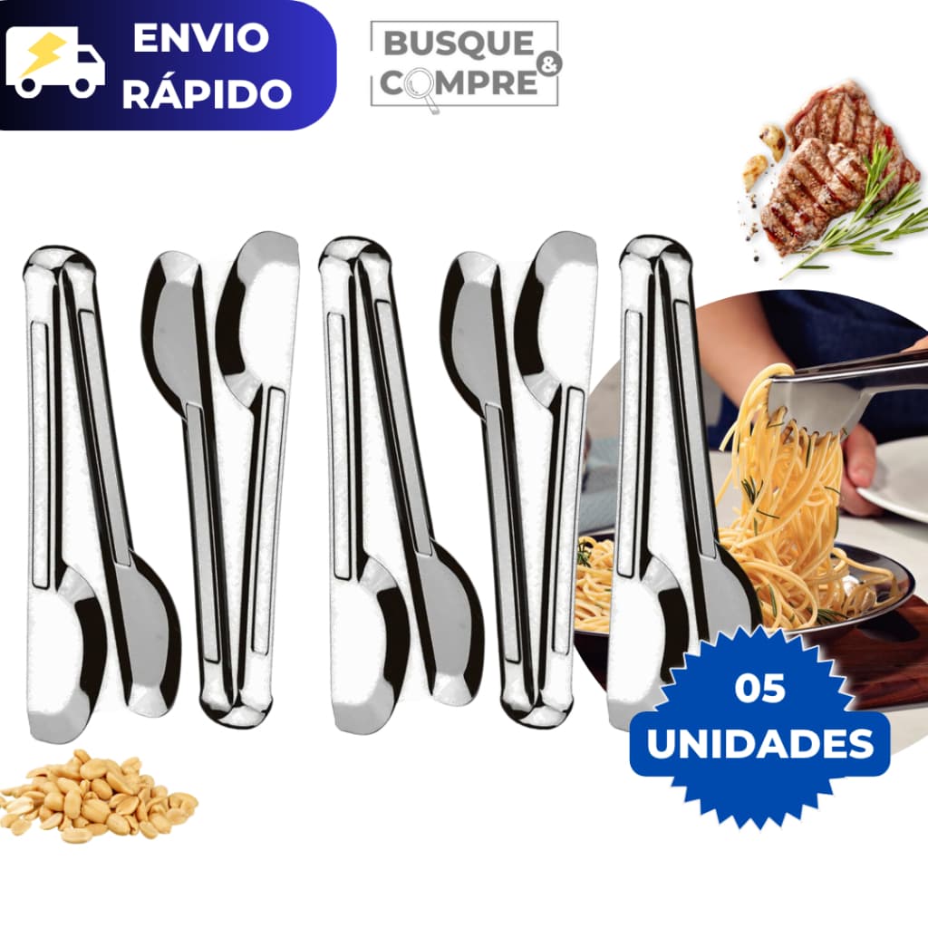 Kit 5 Pegadores Universal de Aço Inox Pegador Churrasco Salada Carne de Massas Cozinha