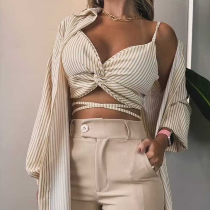 Conjunto Camisa Oversize Manga Longa + Cropeed  com Alças de Amarração Listrado