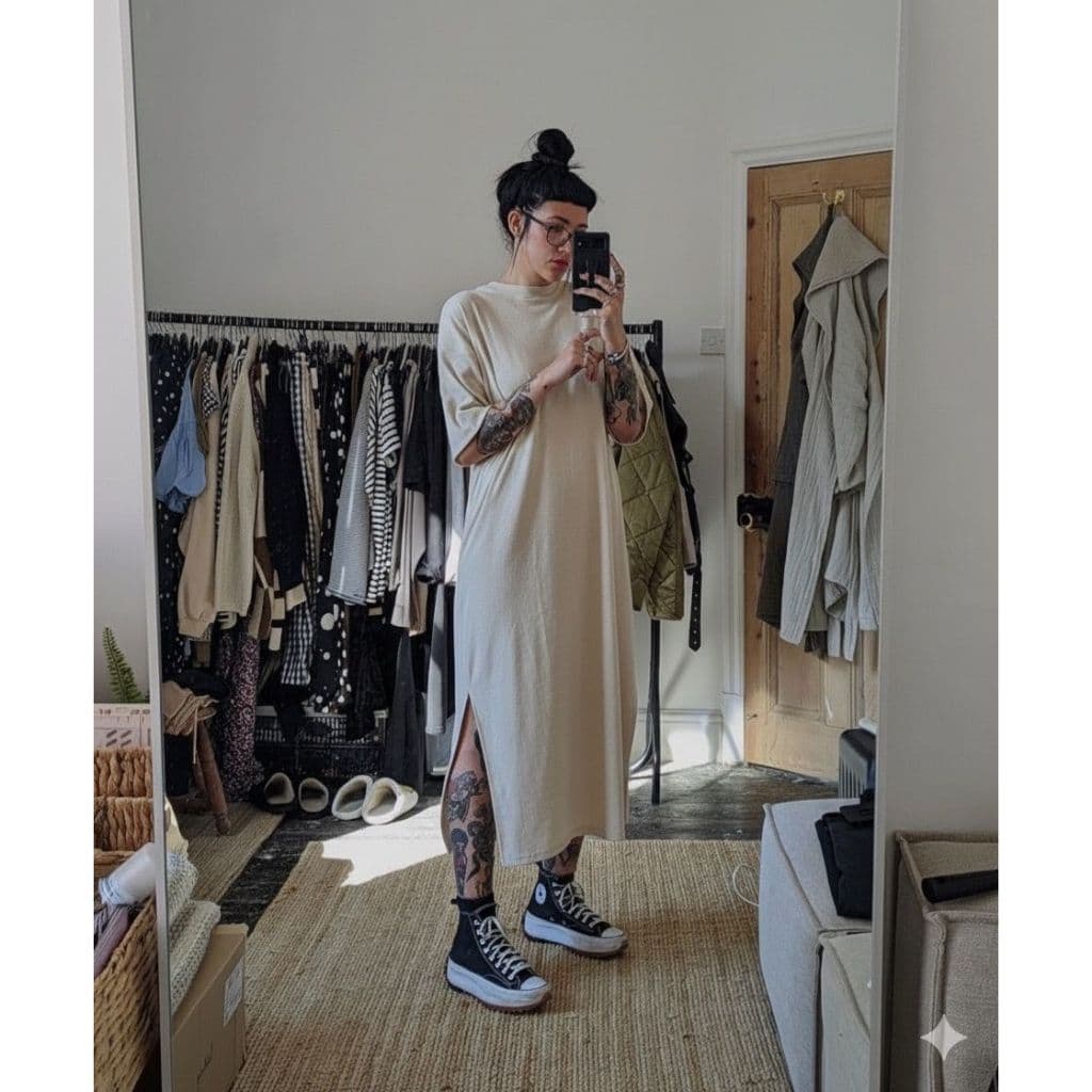 Vestido Midi com Fenda Lateral – Vestido Overisized , Sem Transparência, Soltinho e Confortável