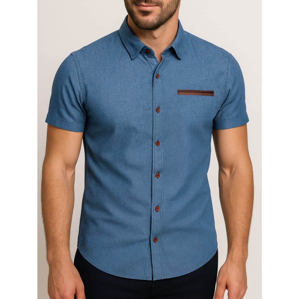 Camisa Cor Jeans Masculina Slim Fit Manga Curta Social Algodão Botões Premium