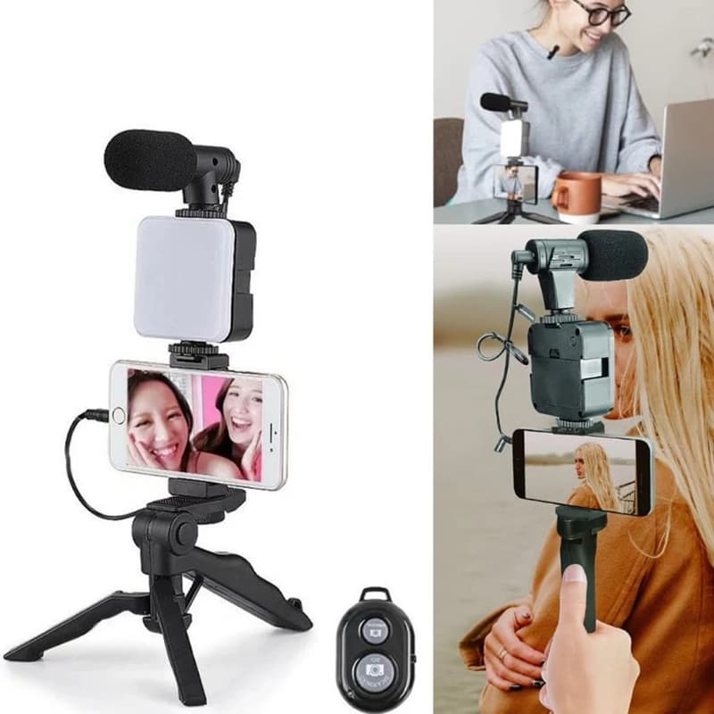 Tripé Estabilizador De Mão Kit 5 em 1 Suporte Celular Microfone Fazer Vídeos