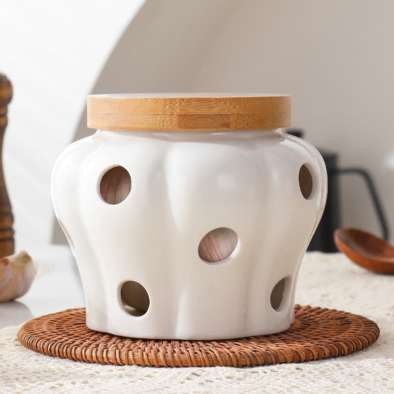 Porta Alho Porcelana Ceramica Branca Com Tampa Bambu Porta Condimentos Decoração Cozinha