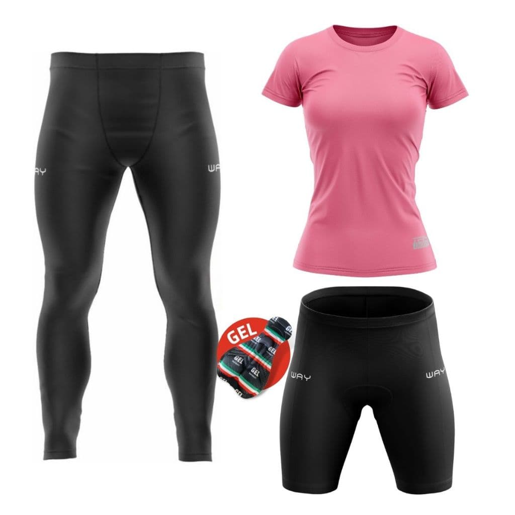 Conjunto Feminino Ciclismo Camisa Pro UV Manga Curta Calça Gel Bermuda Acolchoada Pedal Bike