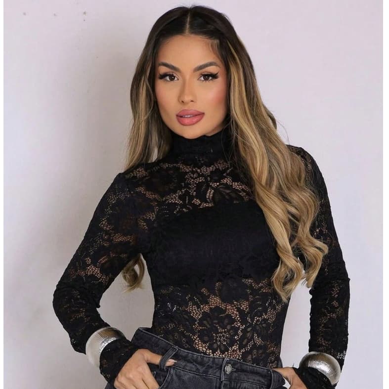 Body Feminino Manga Longa De Renda Floral Feminino Lançamento