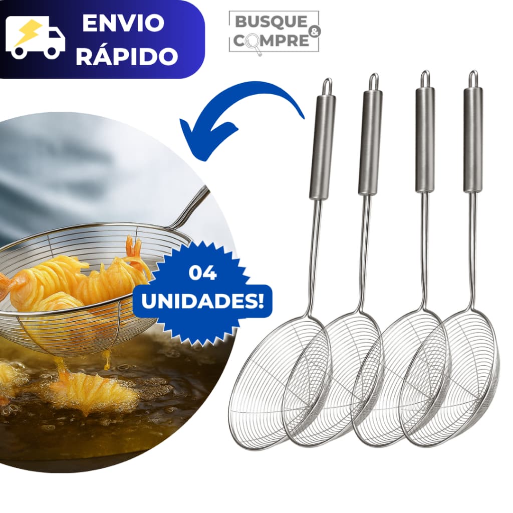 4 Escumadeira Fritadeira de Inox Redonda para Frituras Peneira Pastel Batata Utensilio Cozinha Kit
