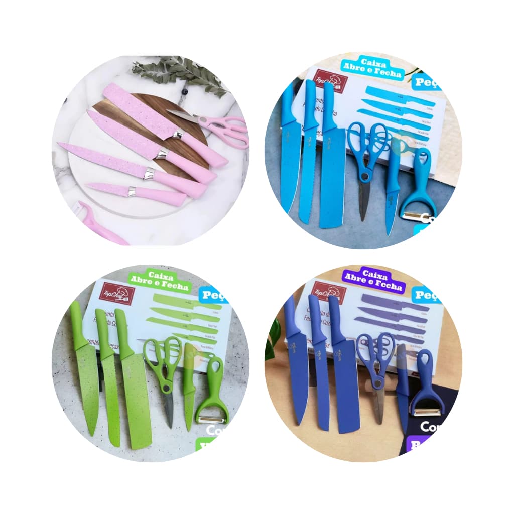 KIT Facas Inox 6 Peças – Facas, Tesoura e Descascador para Cozinha | Cores Rosa, Azul, Verde e Roxo