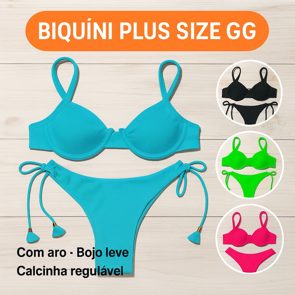 Biquíni Plus Size GG com Aro – Top Estruturado e Calcinha Regulável, Várias Cores