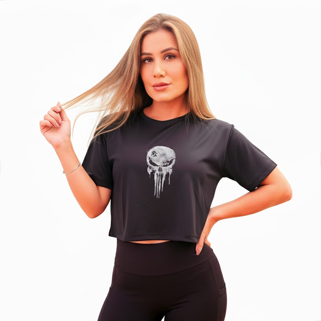 Cropped Dry Fit Feminino Academia Corrida Treino Caveira Justiceiro