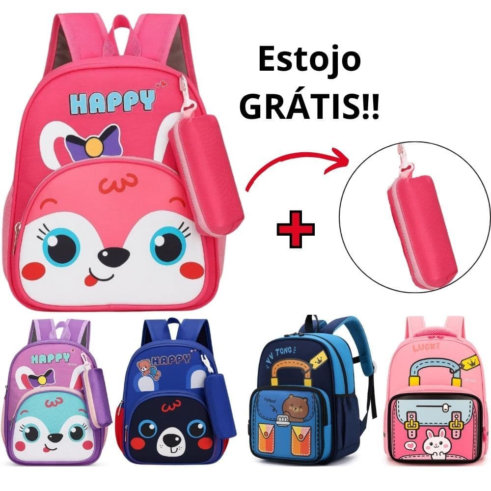 Mochila Infantil Animais Bichinho Feminina Masculina Com Estojo Criança Bebe Creche Passeio Escolar Escola Resistente