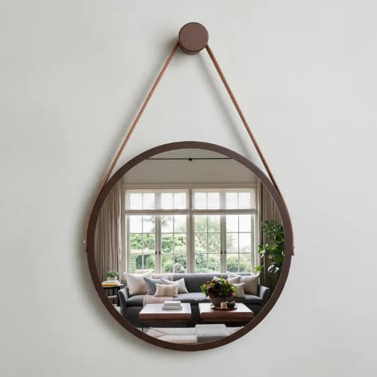 Espelho Redondo Adnet Decorativo Suspenso com Alça 60cm + Suporte Marrom com Alça Caramelo