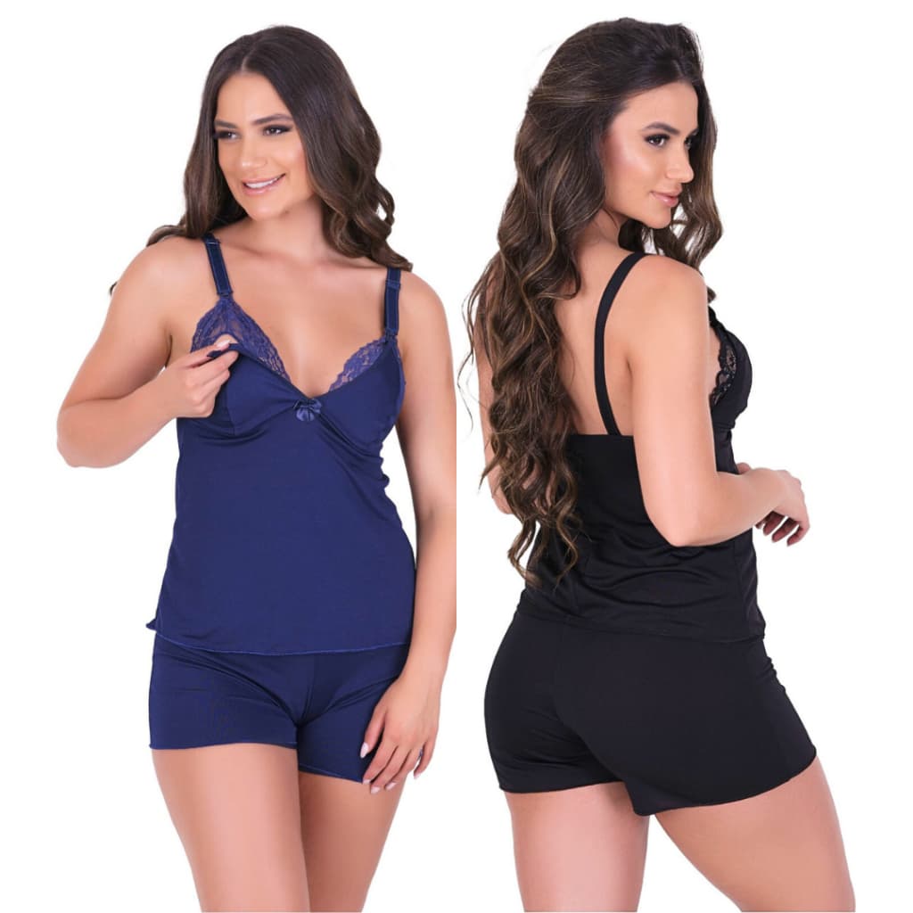 ShortDoll  Amamentação Pós Parto Alças Reguláveis Gestantes Babydoll com Renda maternidade conforto