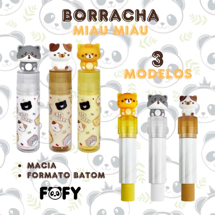 Borracha Gatinho Miau Miau Tipo Batom 3 Modelos | Fofy