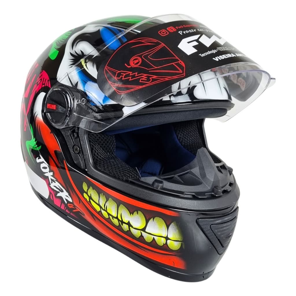 Capacete Moto Fechado Fw3 Gtn Joker Coringa Preto Brilhante