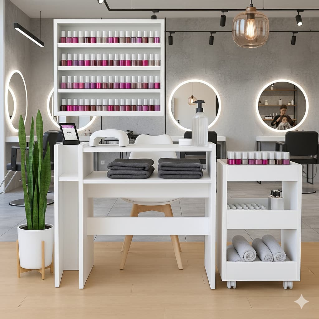 Kit Mesa Manicure Profissional Branco MDP + Carrinho Auxiliar para Salão