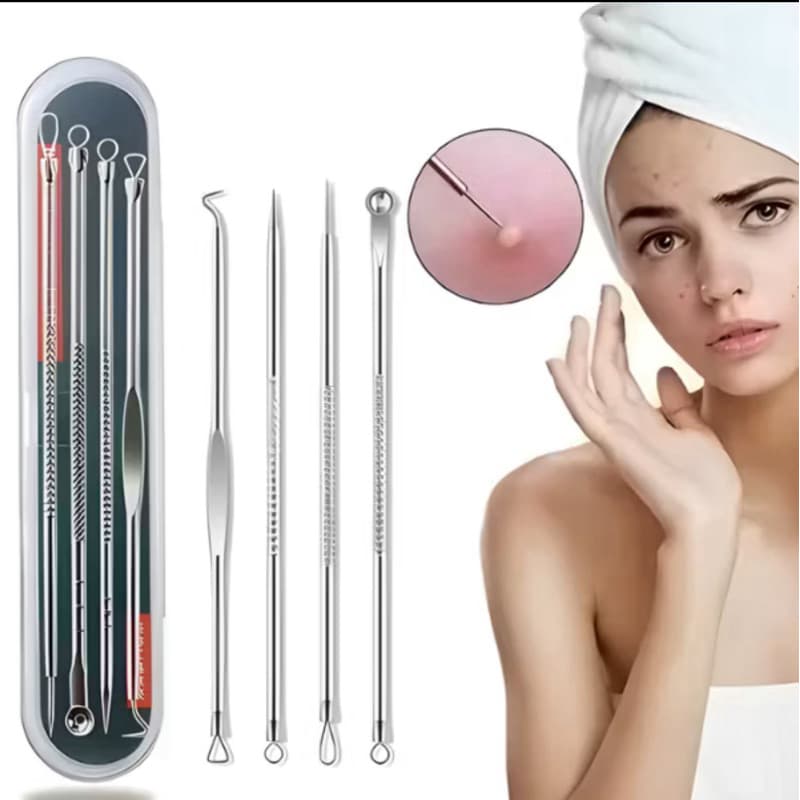 Kit 4 de Ferramentas de Beleza Extrator de Acne Removedor de Cravo Espinha Aço Inoxidável Agulhas
