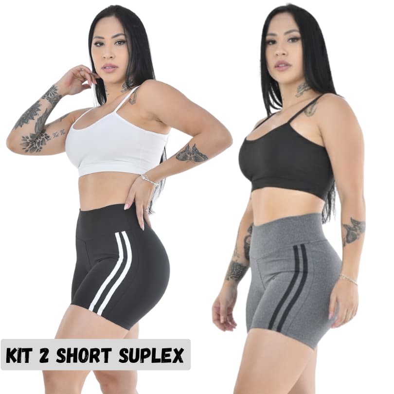 Kit 2 Bermuda Feminina Suplex Short Fitness Cós Alto para Atividade Física Academia e Corrida