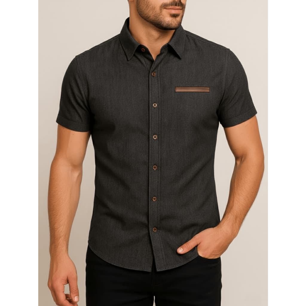 Camisa Social Masculina Manga Curta Cor Jeans Moda Verão Modelagem Slim Fit