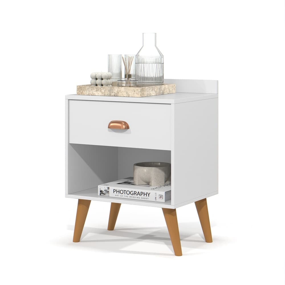 Mesa de Cabeceira Pérola Elegante, Funcional e Perfeita para Decorar e Organizar Quarto Laterais