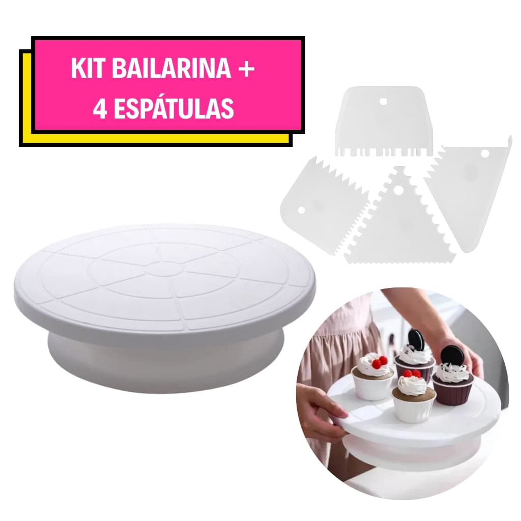 Bailarina para Bolo Giratória + 4 Espátulas | Plataforma Rotativa Confeitar Doces e Bolos