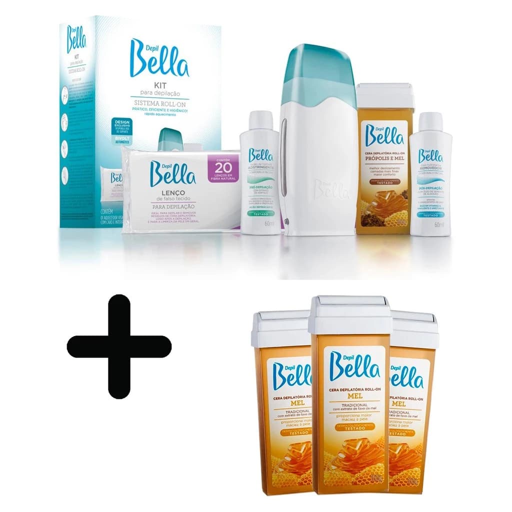 Kit Depilação Sist. Roll-on Bivolt Depil Bella + 3 Ceras Refil Mel P