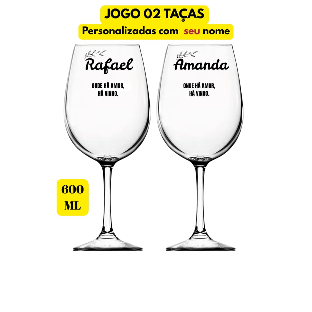 Jogo Kit 02 Taças Vidro Vinho 600ML Casal Nome Personalizado Barone Grande Drink Buffet Casamento