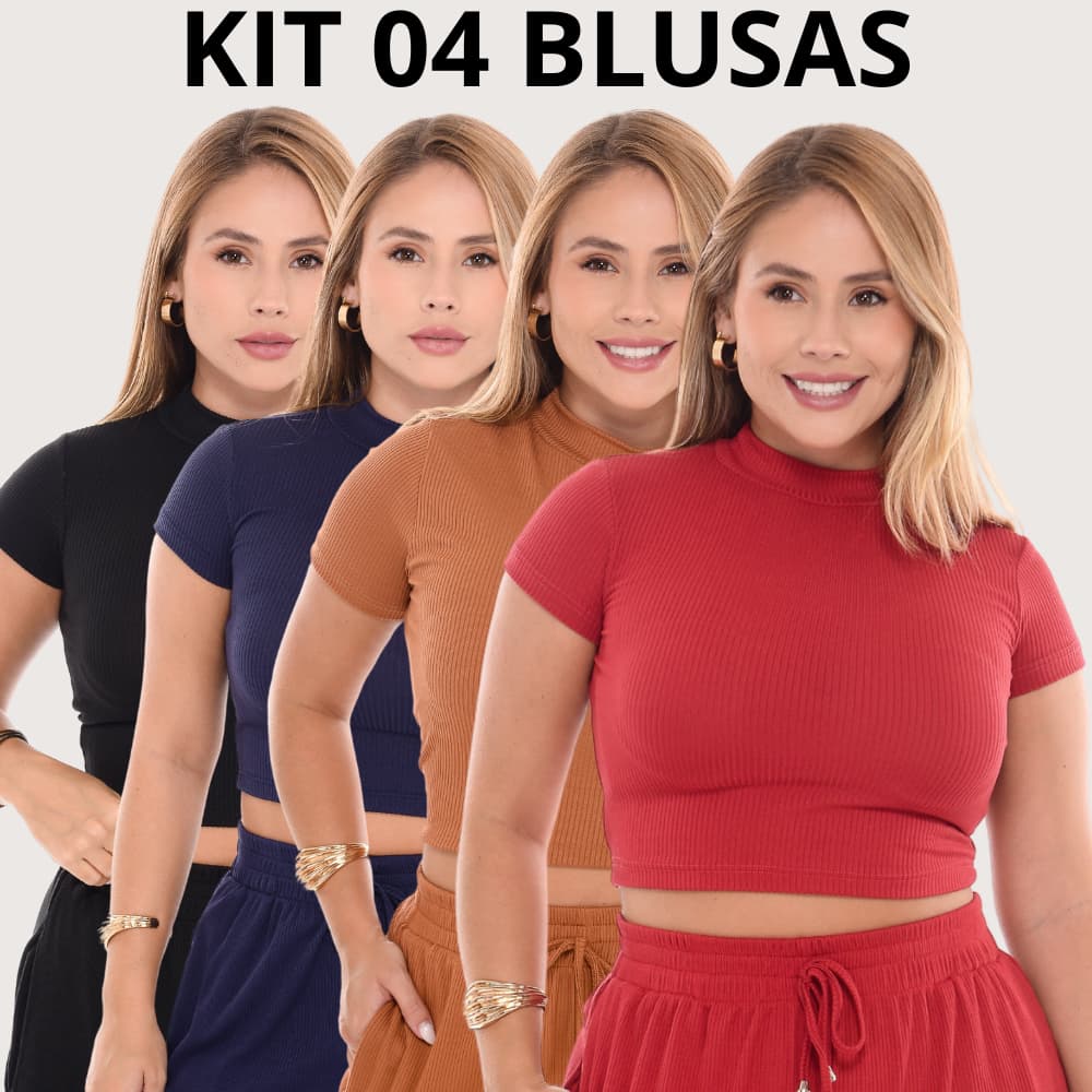 Kit 4 Blusas Cropped com Manga Curta e Gola Alta Malha Canelada