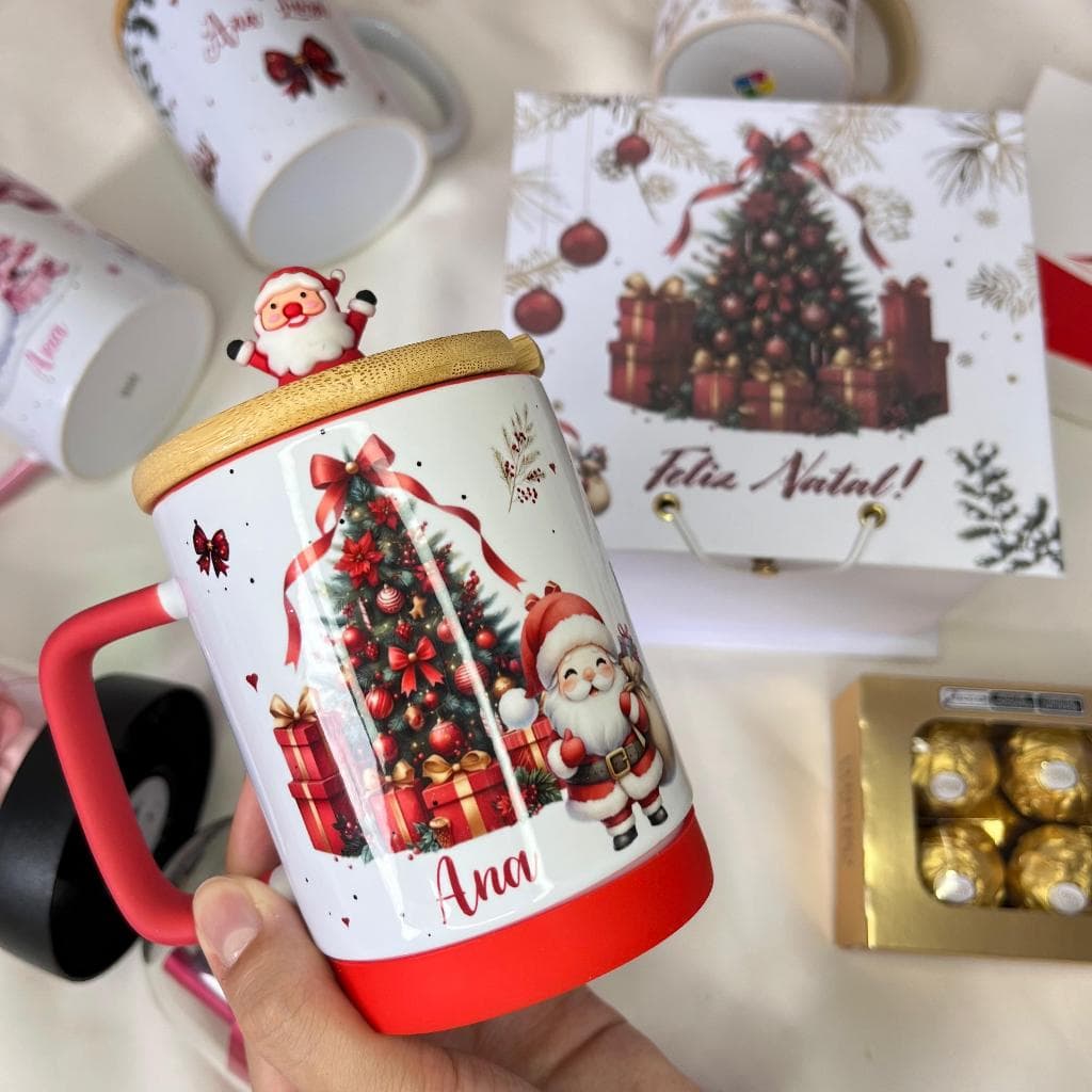 Kit caixa com caneca de luxo para presente de natal/ tampa de bambu puxador natal/nome/empresa/mãe/avó/glitter/professor