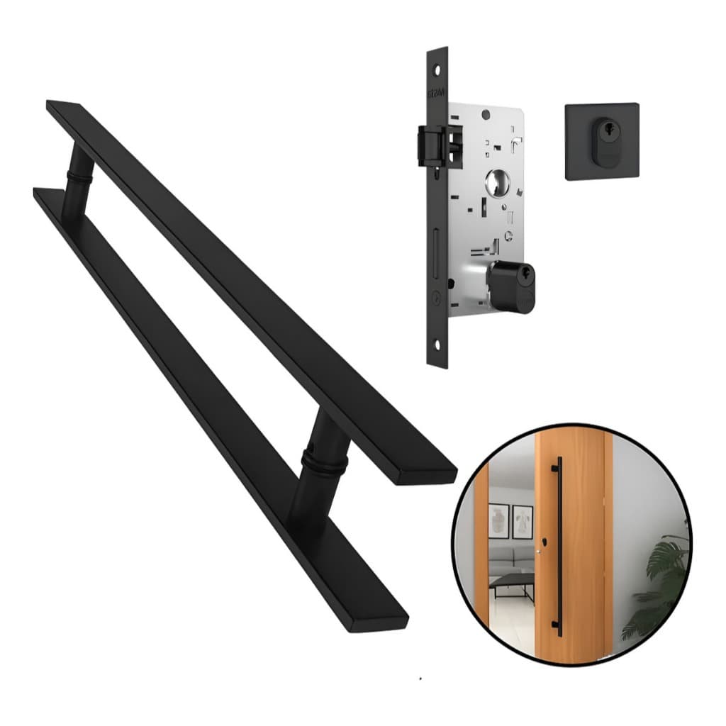 Kit Porta Pivotante Puxador Barra Chata H 80cm + Fechadura Rolete Stam 803 Preto Aço Inox 304