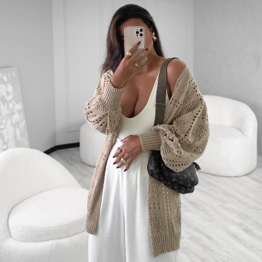 Casaco Tricot Manga Bufante Renda Feminino Dia a Dia Elegância Inverno