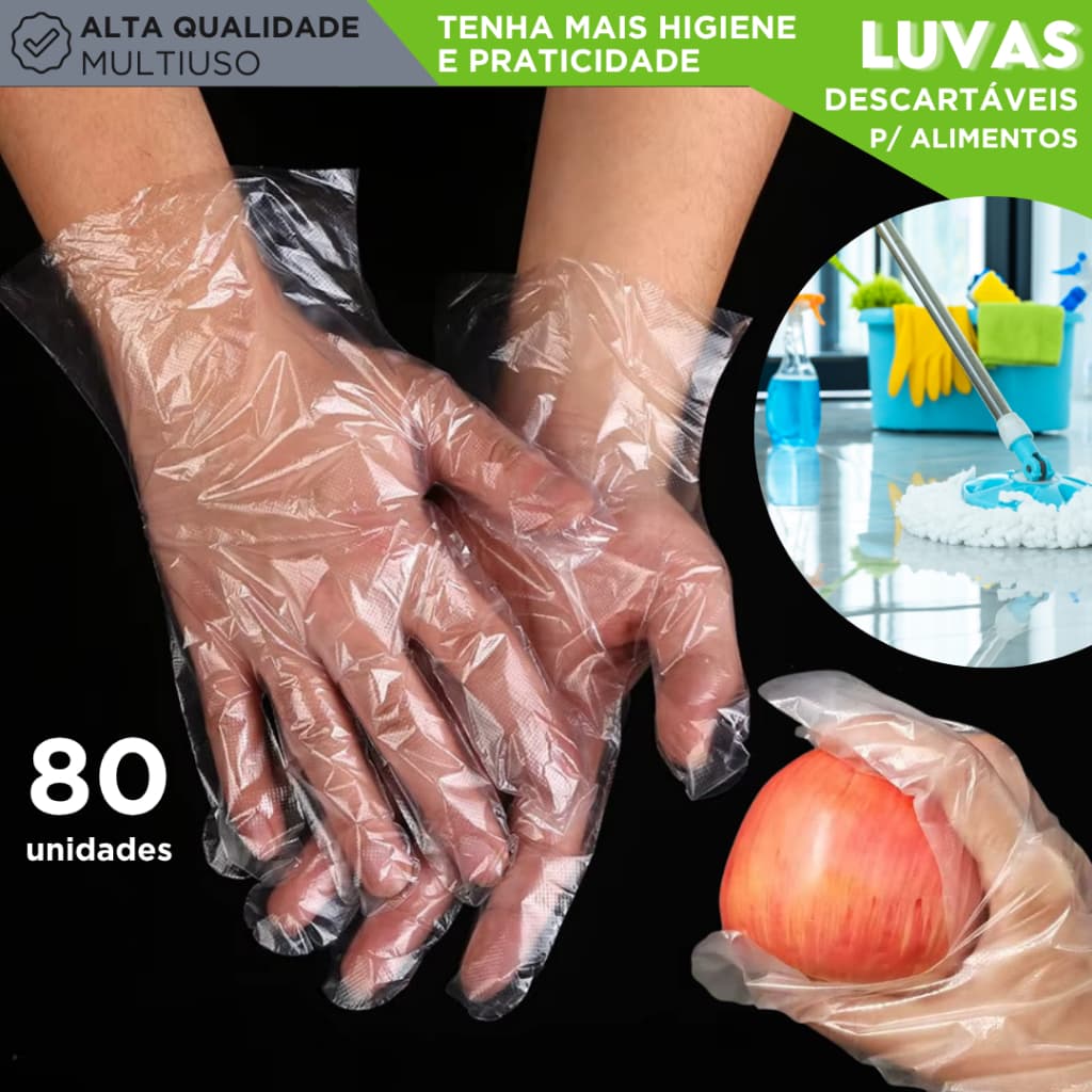Luvas Plásticas Descartáveis Para Cozinha Alimentos Limpeza Higiene Multiuso 80 Unidades - SHEFA