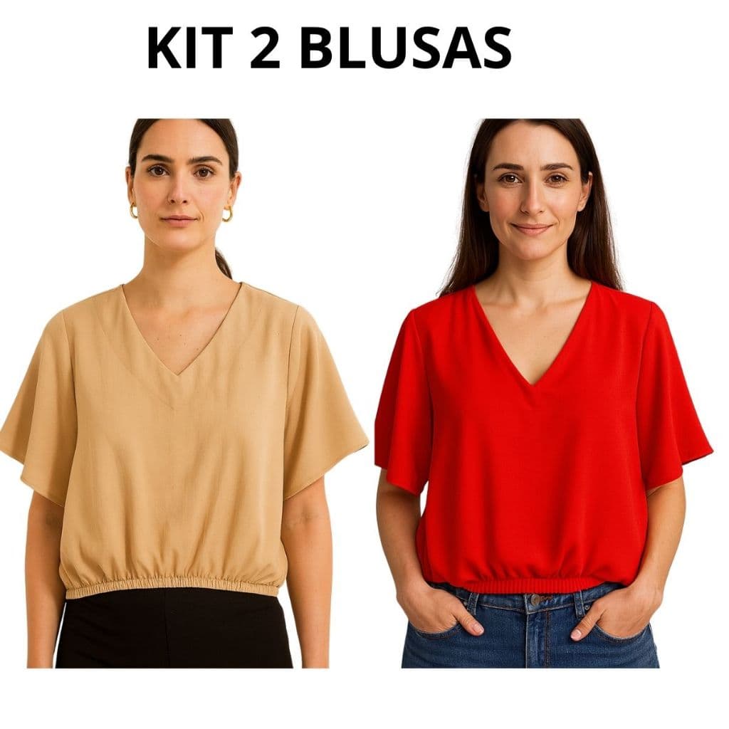 Kit 2 Blusas feminina com elástico na cintura/Blusa feminina  gola V e elástico na cintura de tecido Duna.