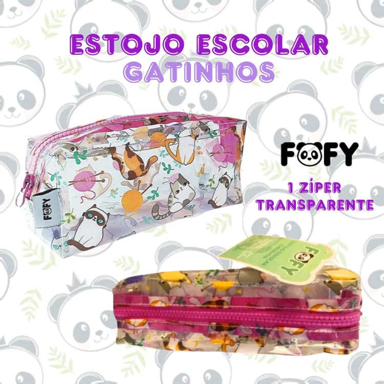 Estojo Escolar Transparente Gatinhos 1 Zíper | Fofy