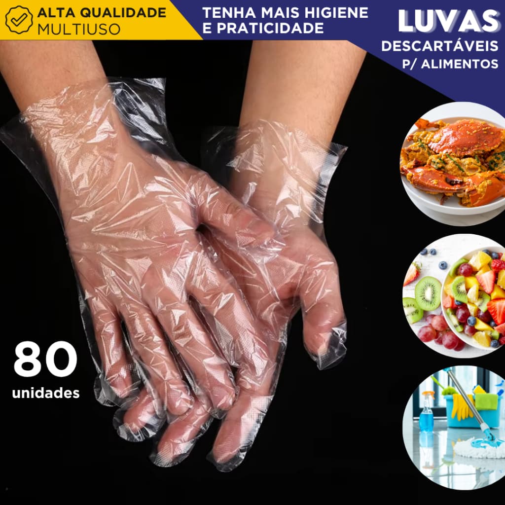 Luvas Plásticas Descartáveis Para Cozinha Alimentos Limpeza Higiene Multiuso 80 Unidades - AVIV