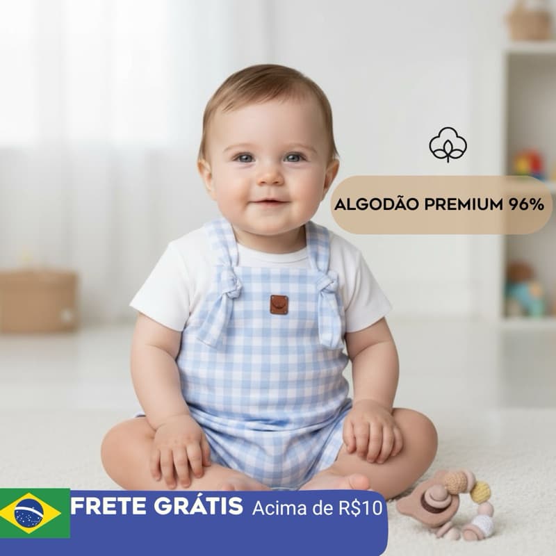 Conjunto Jardineira macacão bebê menino verão com body  algodão premium Tam P ao 1