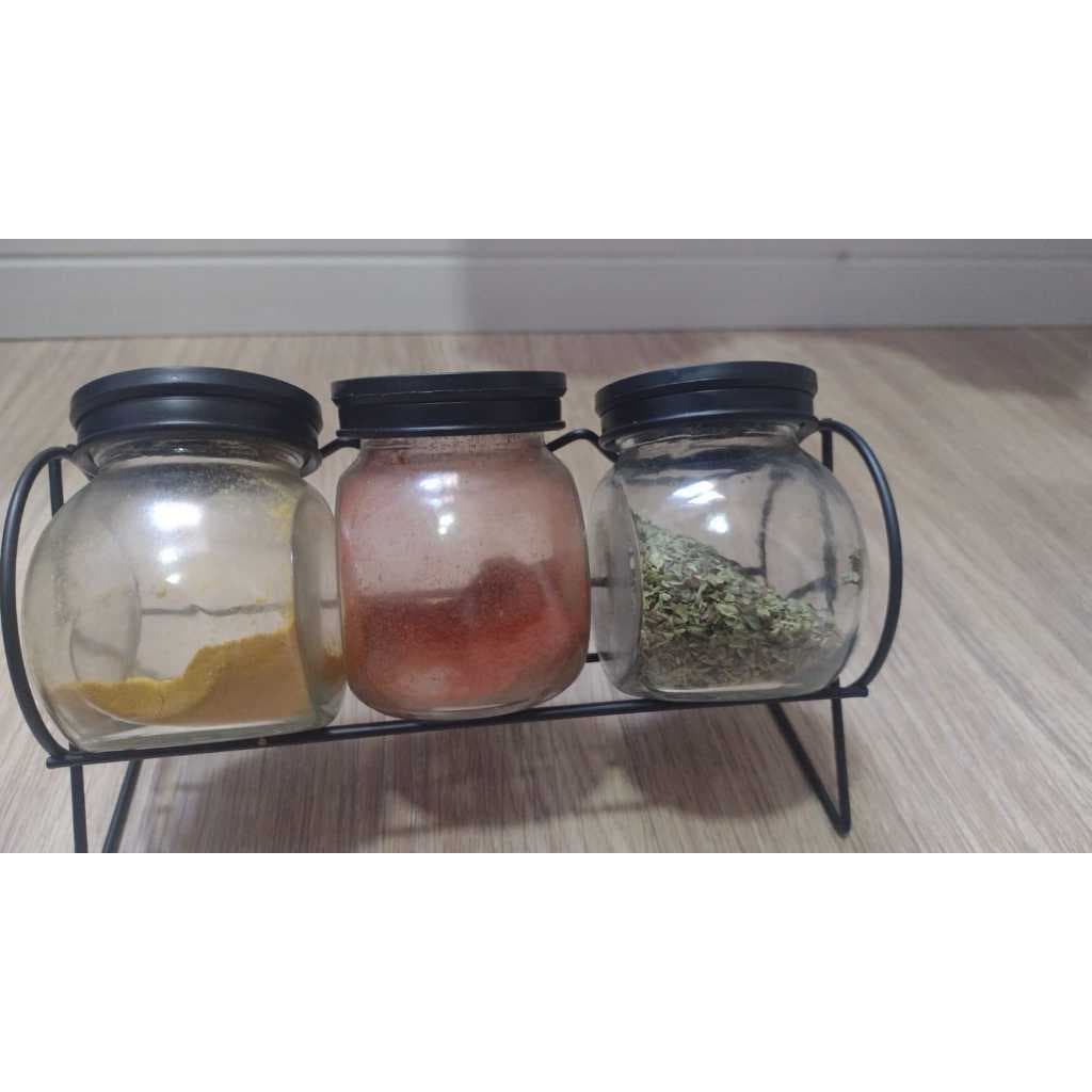 Kit 3 Potes Porta Tempero Condimentos De Vidro 200 ML Com Suporte