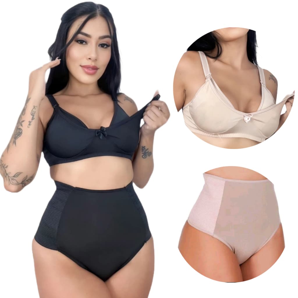 Kit 5 Conjuntos Amamentação Calcinha Pós Parto Cintura Alta Sutiã Reforçado Click Fácil Maternidade