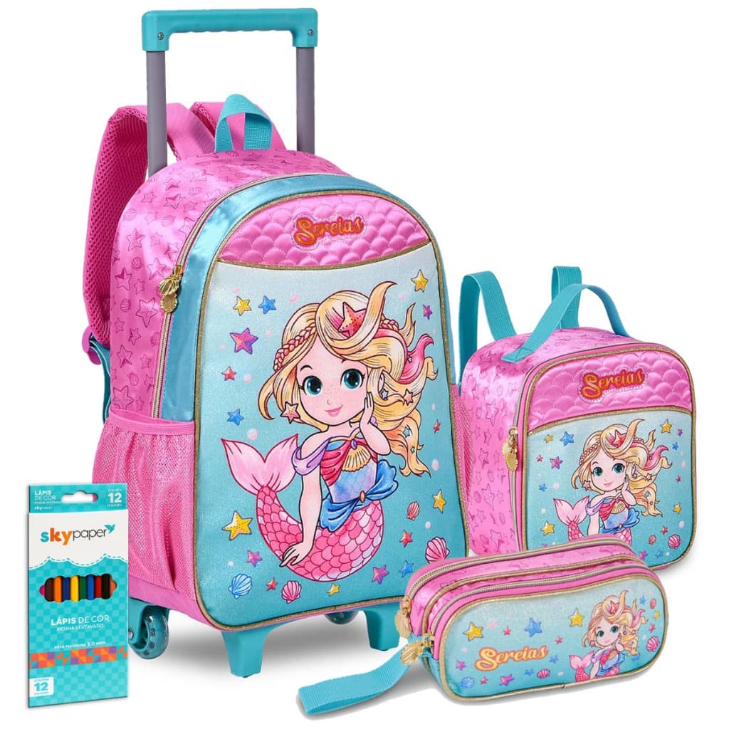 Kit Mochila Lancheira Estojo Sereia Princesa Escolar Rodinha Carrinho Resistente Reforçada