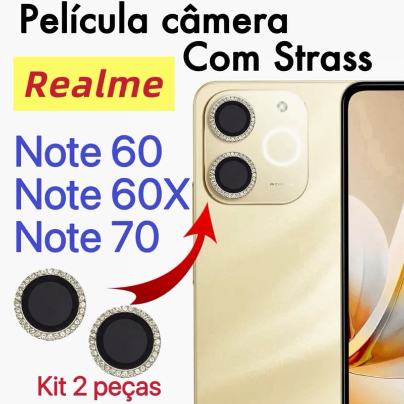 KIT 2 peças Película de câmera Diamante Para Realme Note 60/60X /Note 70 protege lentes com Strass Brilhante Brilho