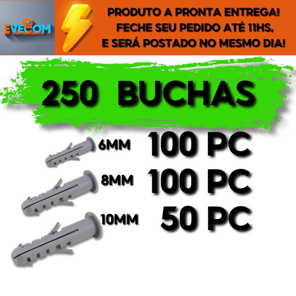 Kit Combo Com 250 Buchas Fixação Com Anel Para Uso Em Concreto Tijolos (100pcx6mm+100pcx8mm+50pcx10mm)