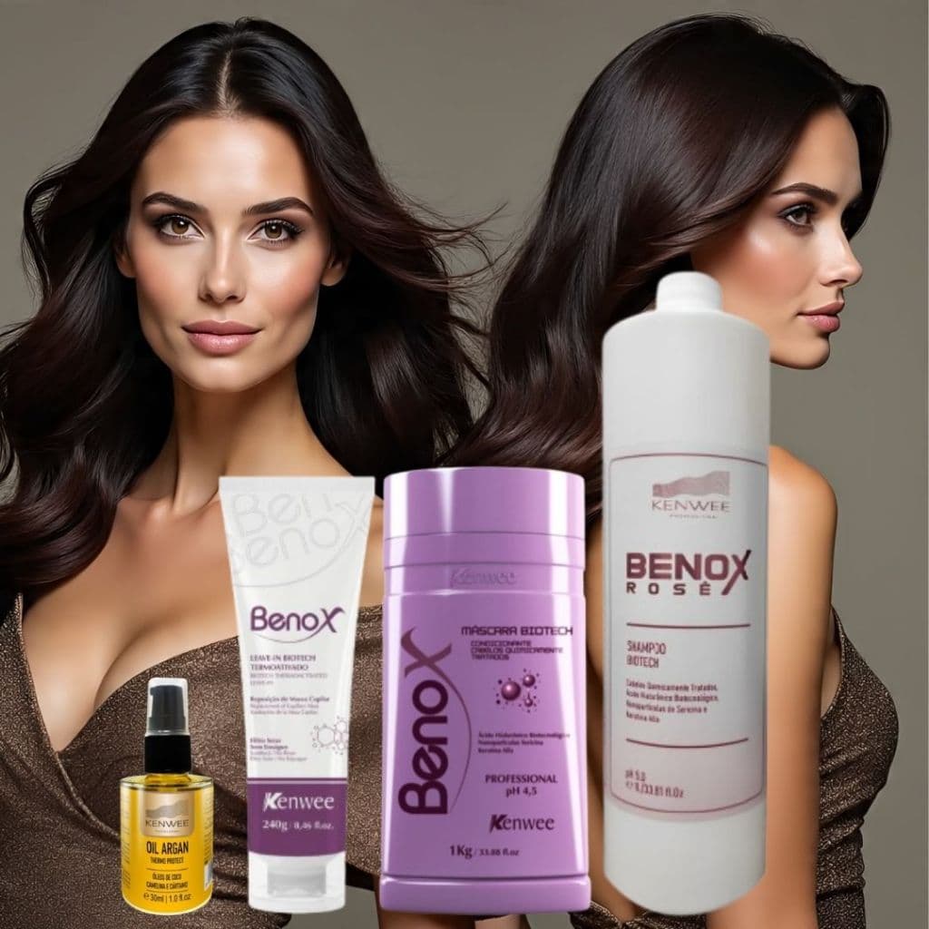 Kit Shampoo (1 Lt), Máscara (1 Kg) e Leave in Benox (brinde Finalizador Óleo de Argán) Tratamento Completo
