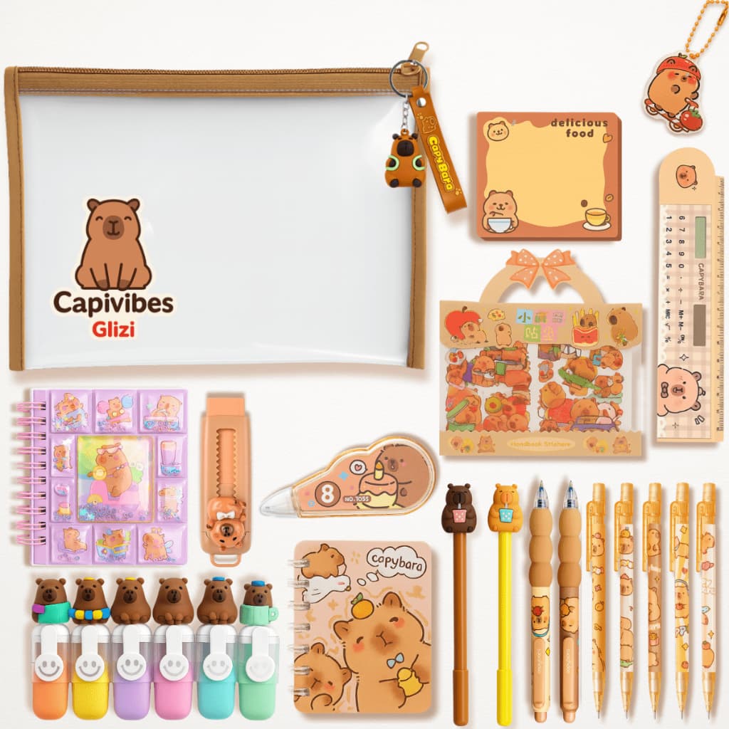 Kit Capivara Glizi Capivibes - Estojo PVC + Chaveiro + Adesivos + Canetas e Muito Mais | Kit Escolar
