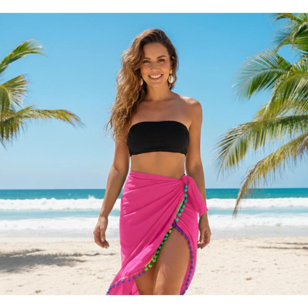 Canga Saida de Praia com Pompom Piscina Blogueira 2025 Verão Oferta