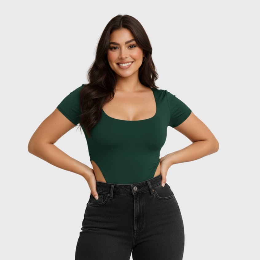 Body Feminino Cavado Sem bojo Preto Manga Curta Suplex Duplo