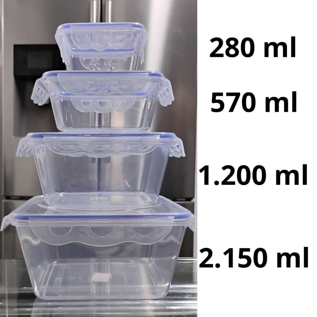 Kit 4 Potes Herméticos Plásticos Transparentes – Fechamento com Trava, BPA Free, 280ml a 2150ml