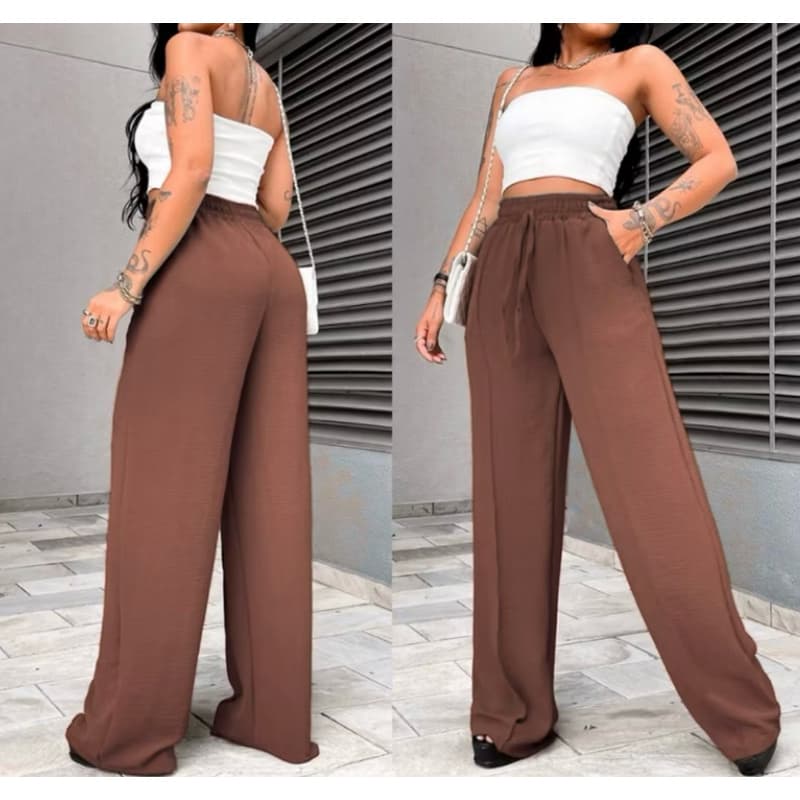 Calça Pantalona Tecido Duna Com Forro, Bolso e Elástico