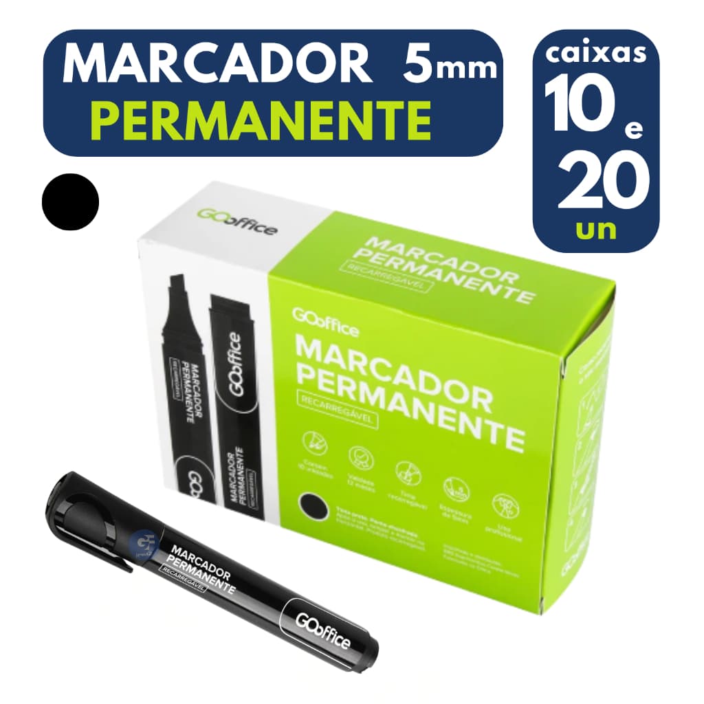 Canetão Marcador Permanente 5 Mm Preto Recarregável Caixa 10 unidades Desconto Marcador Grosso Preto
