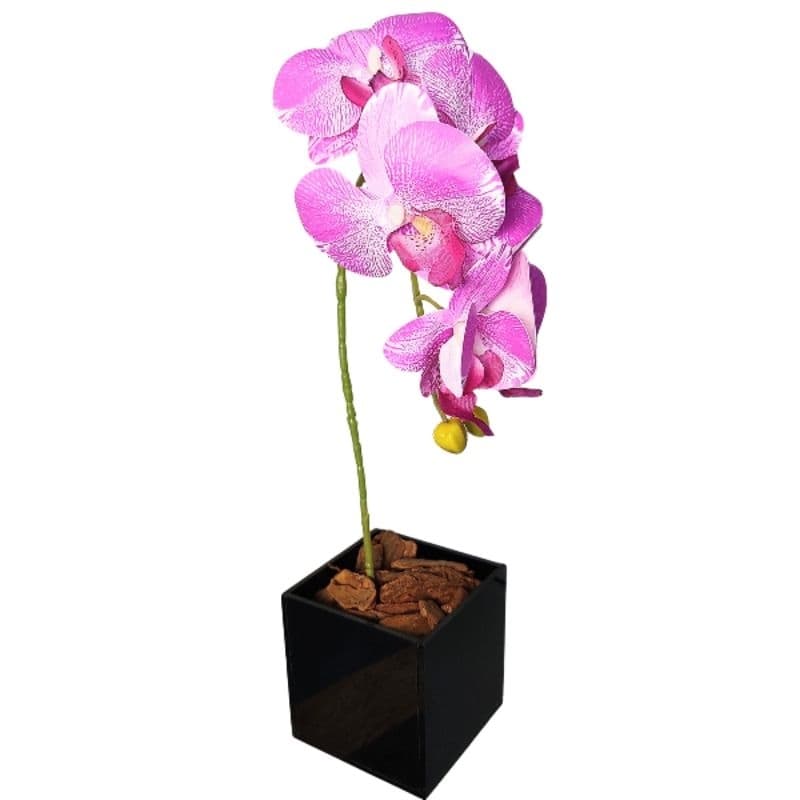 Arranjo decorativo de orquídea realista com vaso de vidro preto luxo