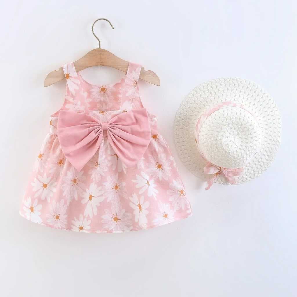 Vestido Floral Infantil Meninas, Com Chapeu, Doce, Fresco Verão, Vestido Princesa com Laço, SEM FORRO